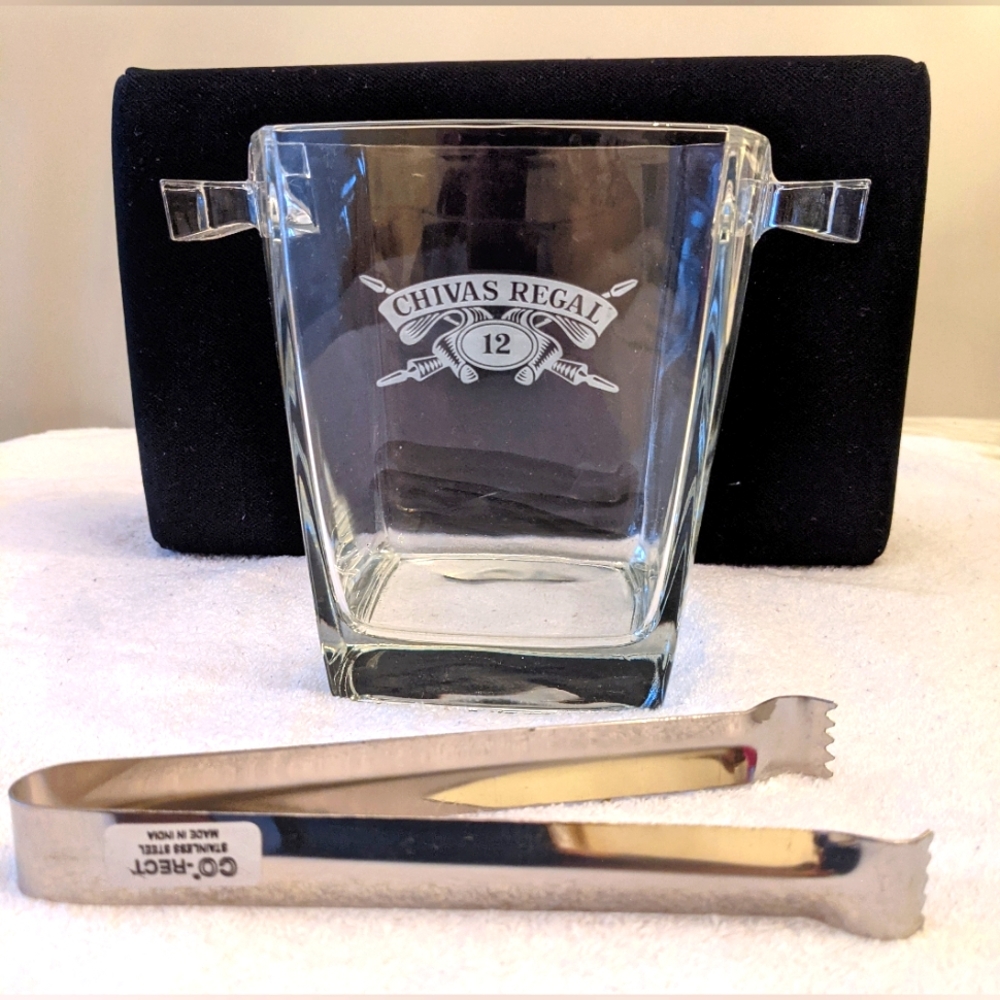 🍻 Chivas Regal Aged 12 Years Square Etched Glass Ice Bucket & Tongs NWOT🍻
